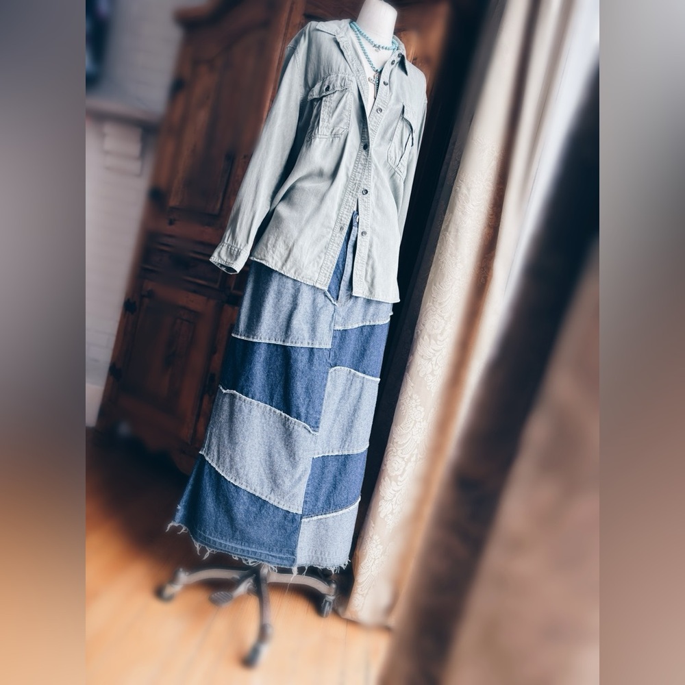 One-of-a-Kind Artisan Patchwork Denim Maxi Skirt